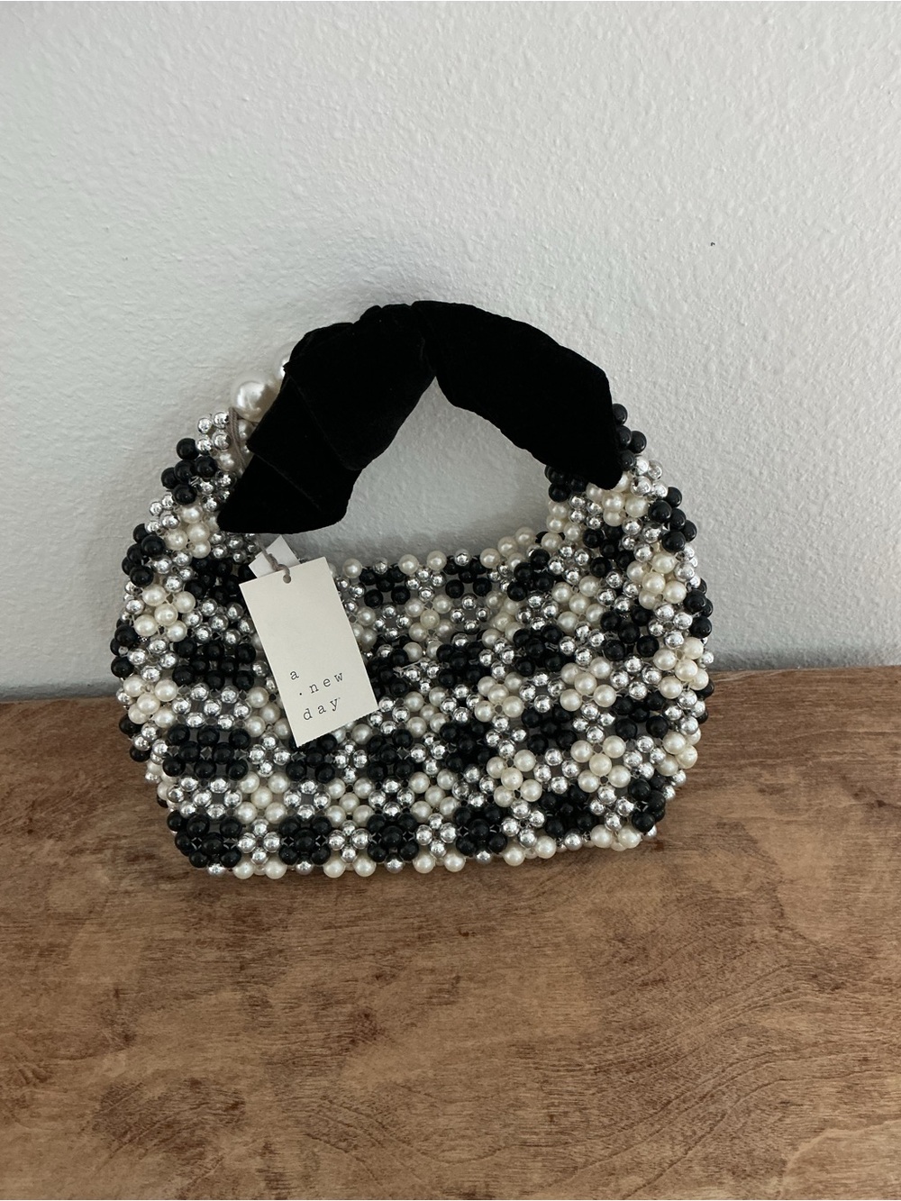 a new day Black & Pearl Beaded Mini Bag with Velvet Handle